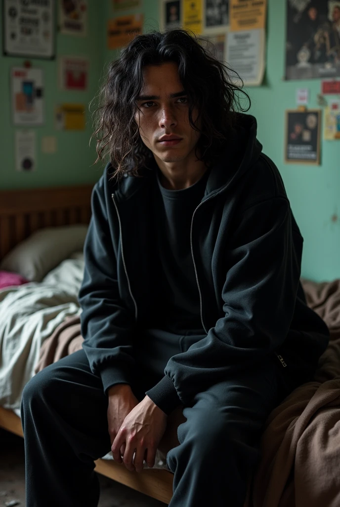 Make a teenager with a black jacket,black pants,The teenager is fat,has long hair,He's depressed
Black curly hair
Long eyebrow
He has a lot of acne