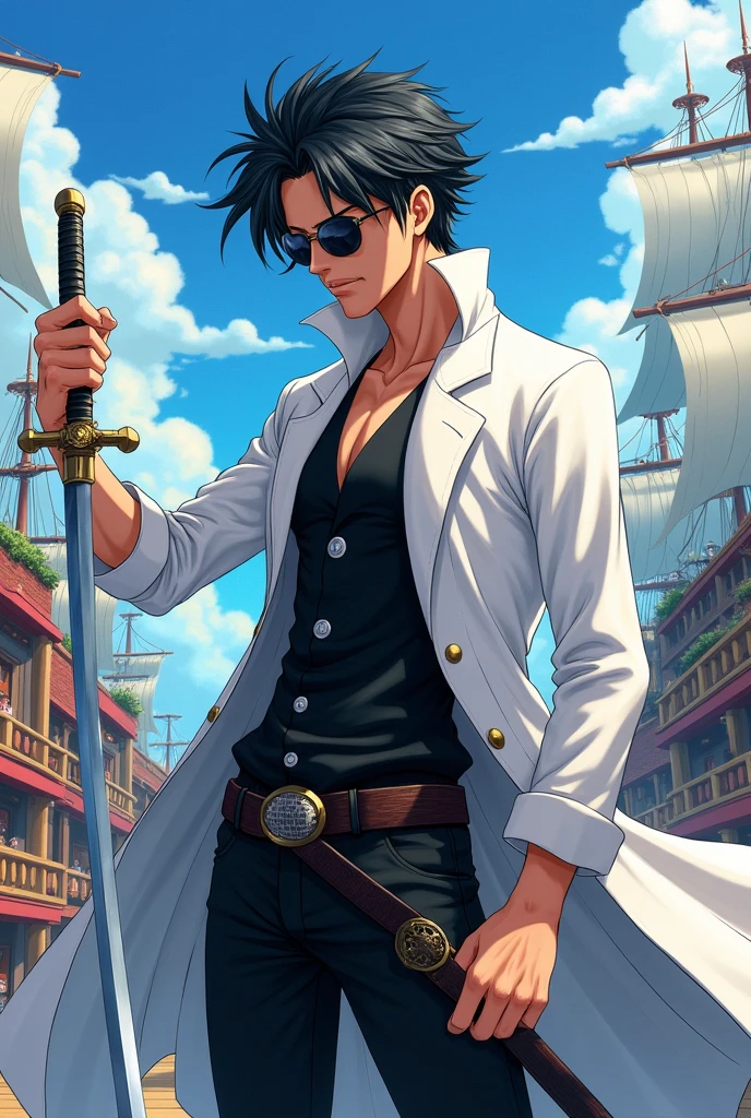 Create a male swordsman character with black hair and white streaks in the style of the One Piece anime. The character should wear black glasses, a white overcoat, a long-sleeved black shirt, and black pants.