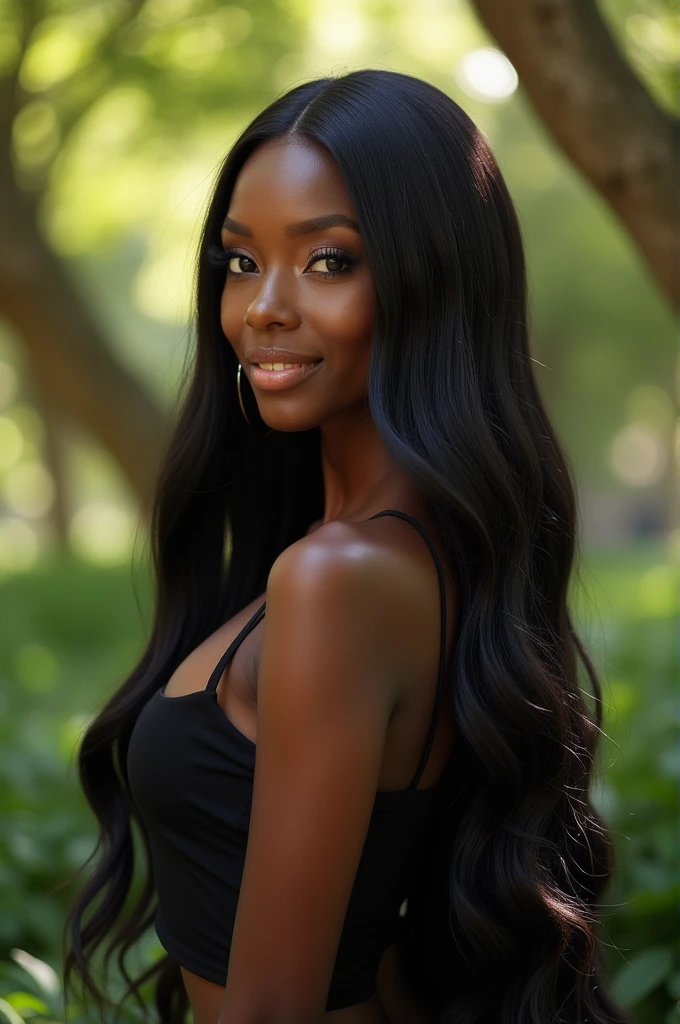 a beautiful black woman with long black hair and black eyes