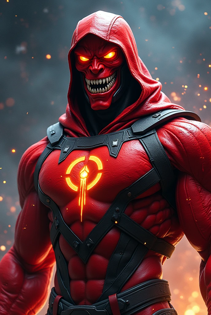 Male, giant, muscular, red skin, glowing eyes, shark-like teeth, red cowl hood, red futuristic space armor, with black accents, power armor, lantern symbol, blood, fire aura