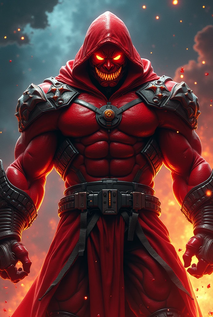 Male, giant, muscular, red skin, glowing eyes, shark-like teeth, red cowl hood, red futuristic space armor, with black accents, power armor, lantern symbol, blood, fire aura