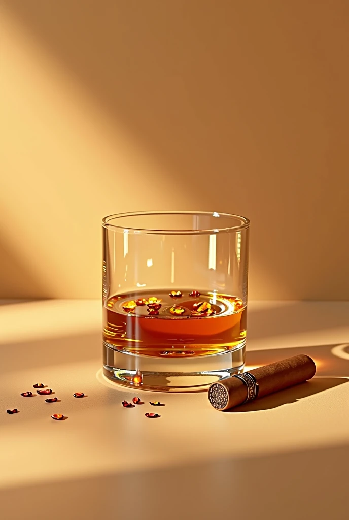 show a glass of wiskey with a beige background and a tabaco on top not touching the glass with many details and sparkles