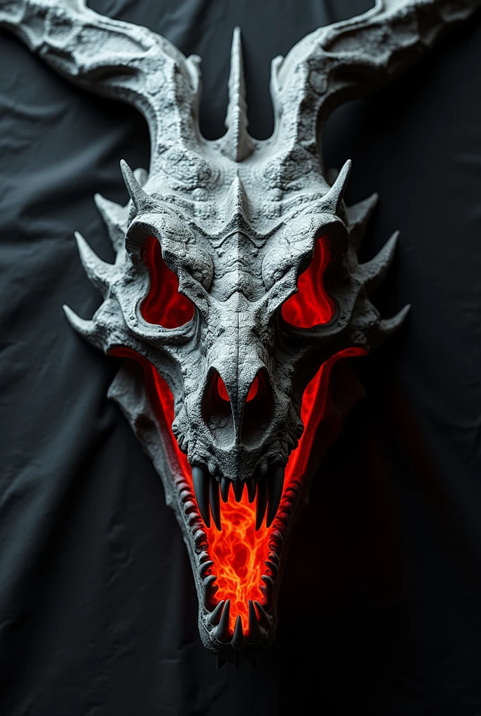 an all black flag, red details on the fossil skull sculpture of a dragon, pulling towards a black in the eyes and fiery mouth