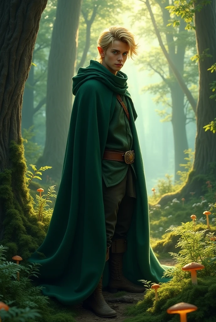 blond elf with short hair and blue eyes, dark green cloak