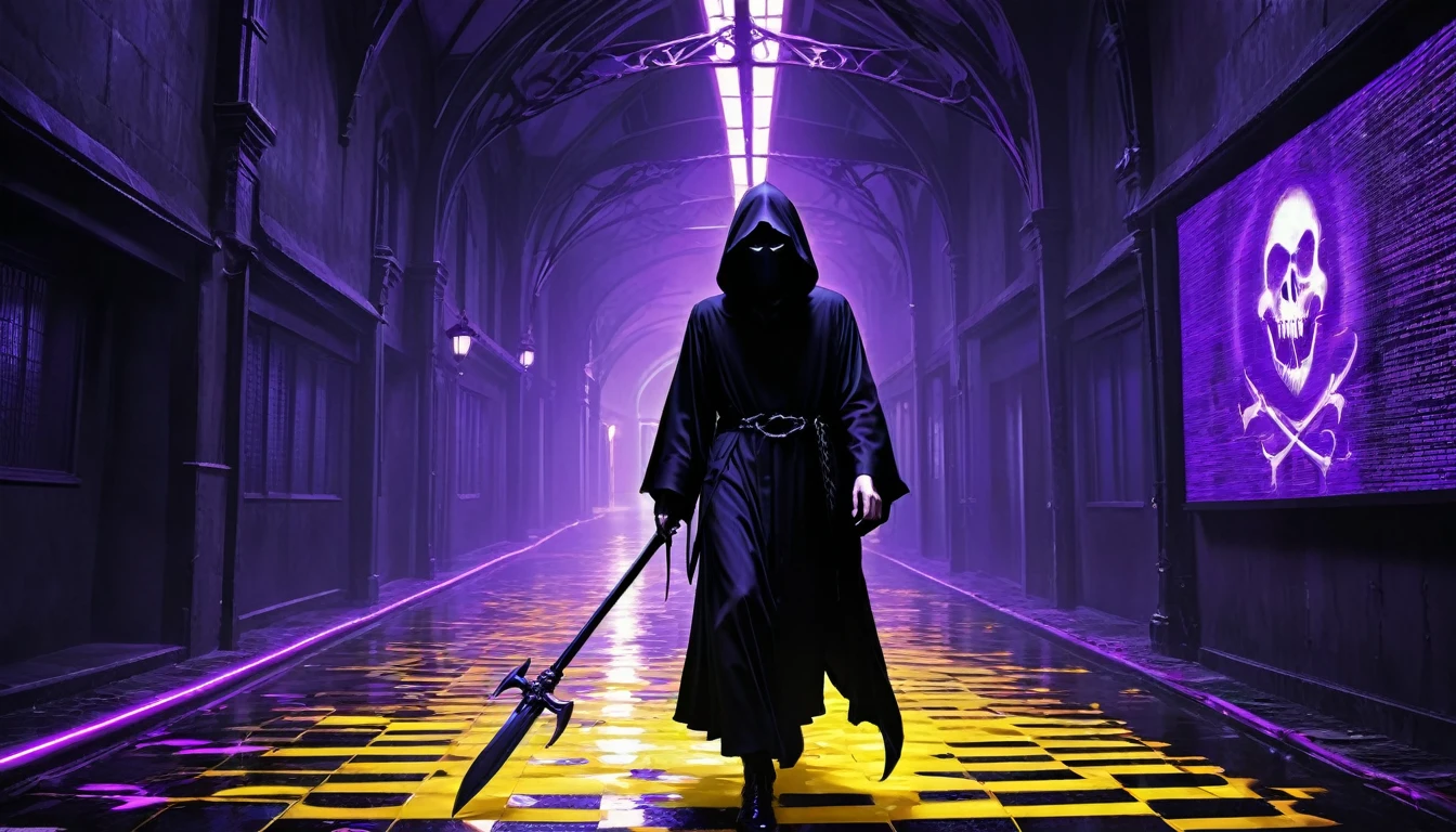 yellow and purple lights color on backround ...Virtual Damnation grim reaper Trapped inside a screen World ain't what it seems Pixels in my dreams Lost in binary streams Clicking feels like life Keyboard cuts like knife Zeroes endless night In this endless byte Virtual damnation Living simulation In this imitation Craving true sensation Faces made of code Emotions overload Digital roads Where do they go Break free from the chain Find the real plain Tired of this game Chasing what's humane grim reaper Virtual damnation Living simulation In this imitation Craving true sensation grim reaper