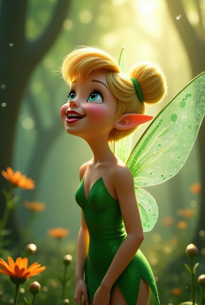 ((best quality)), ((masterpiece)) Tinker Bell opens her mouth wide showing you her uvula and super thick slimy and very meaty white Tongue with a sensual expression on her face (photorealistic human tongue)