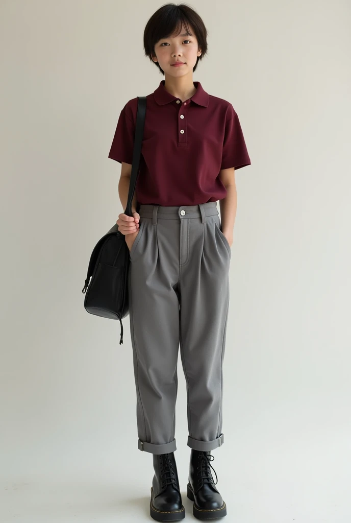 A modern and elegant student girl with short hair, dressed in a maroon polo shirt, gray Oxford pants, and black boots. The girl is carrying a black bag slung over her left shoulder. The background is neutral and minimalist, emphasizing the elegant combination of the young woman's clothing