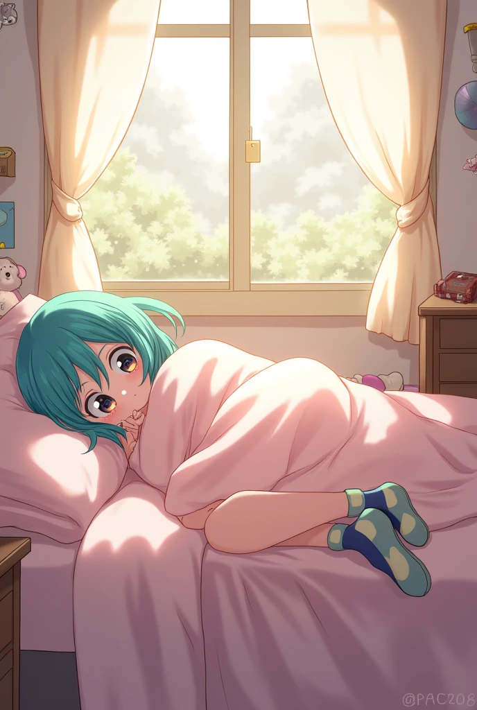 A generic anime character sleeping with their feet hanging out of bed 