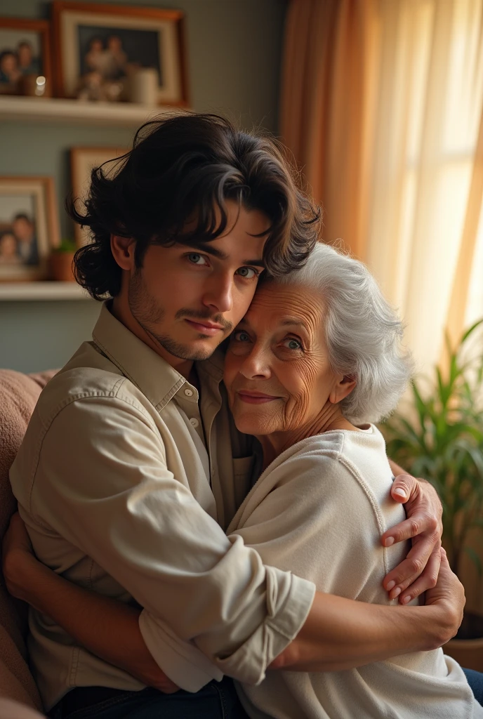 Handsome young man naked hugging grandma