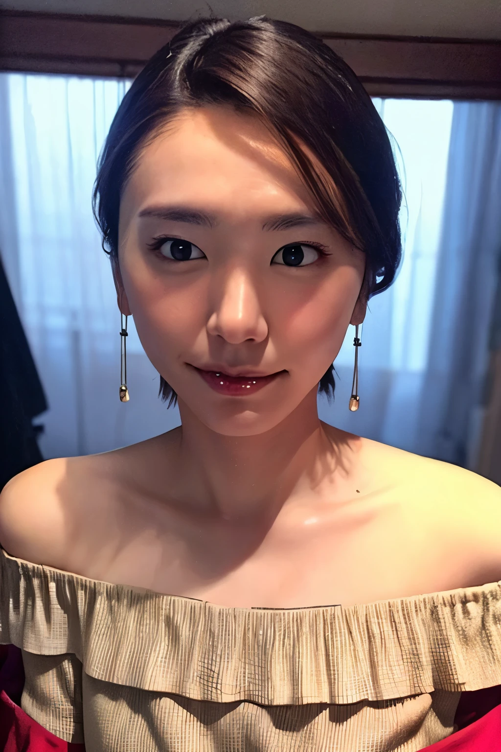 (nsfw:-2.0), (realistic, photo-realistic:1.4), (masterpiece, best quality:1.2), RAW photo, high resolution, intricate details, extremely detailed, realistic and sharp details, cinematic lighting, frontal photography, view from below, looking at viewer, solo, a Japanese woman, (wearing off shoulder dress:1.5), shoes, dark hair, short hair, detailed face, detailed eyes, sophisticated nose, pale skin, fine-textured skin, sweaty, shiny skin, (incoming pocky kiss), photo background, indoors, home, daytime, 