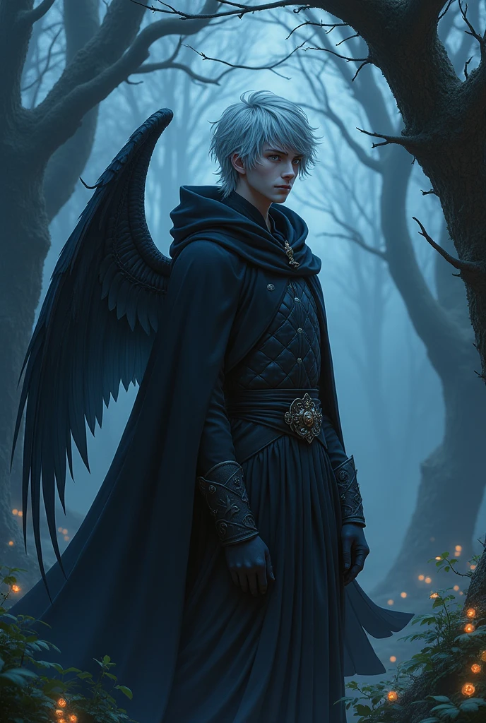 A young adult Japanese aasimar with short hair, a male anime character with one white eye and the other black with no pupils, wearing a medieval-style black hood but not having it on, with gray skin and skeletal wings. 