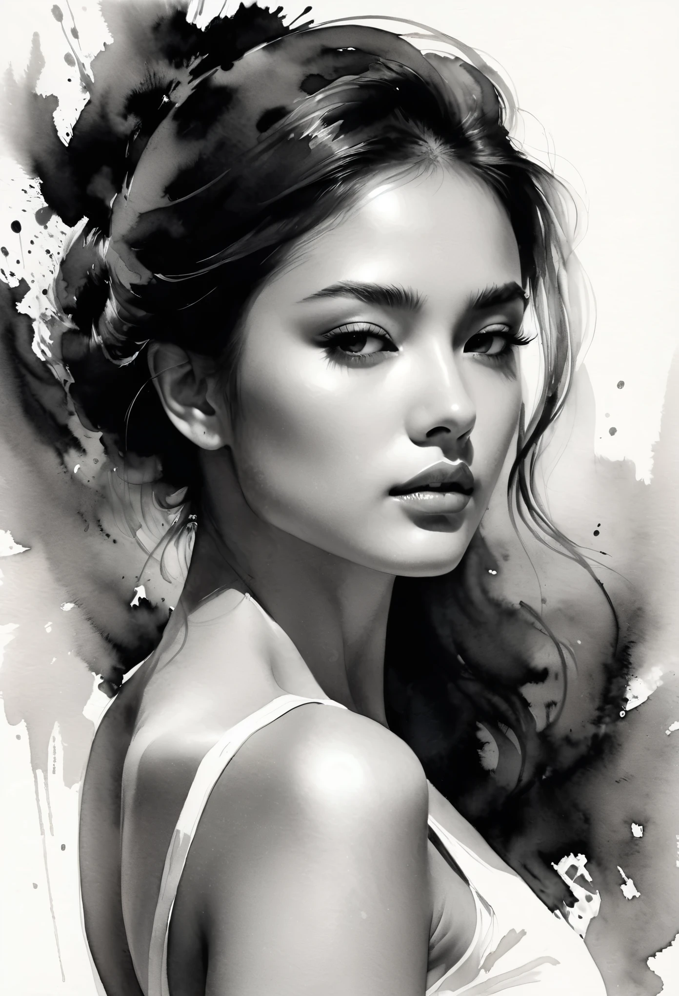 a beautiful girl, delicate strokes, fluid motion, subtle ink washes, elegant posture, serene gaze, fine details, black and white, clean