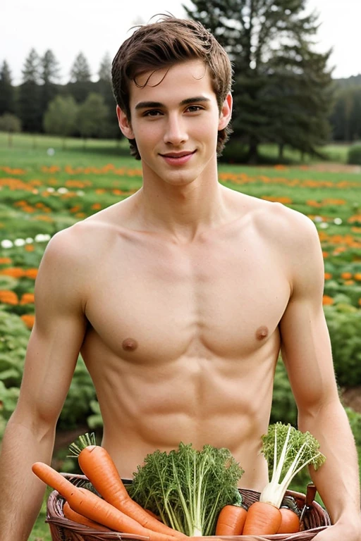 young, Beautiful, handsome, white, skinny, soft skin, beautiful face, shirtless, large penis in a carrot garden picking carrots in a basket