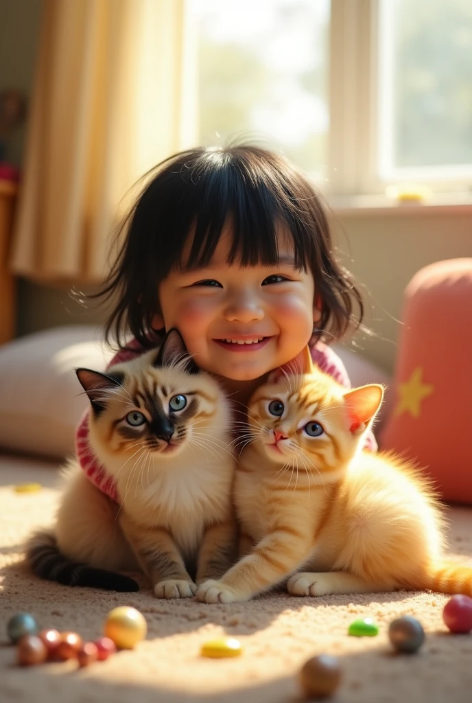 Create a picture of a child with dimples., black hair with bangs and fair skin, along with two cats , one all yellow and the other Siamese
