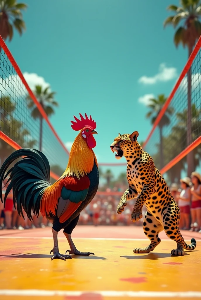 Make a French rooster kill a jaguar inside a volleyball court