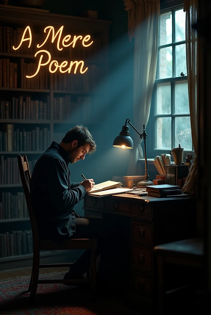 An image with a writer in the background, And the phrase A Mere Poem