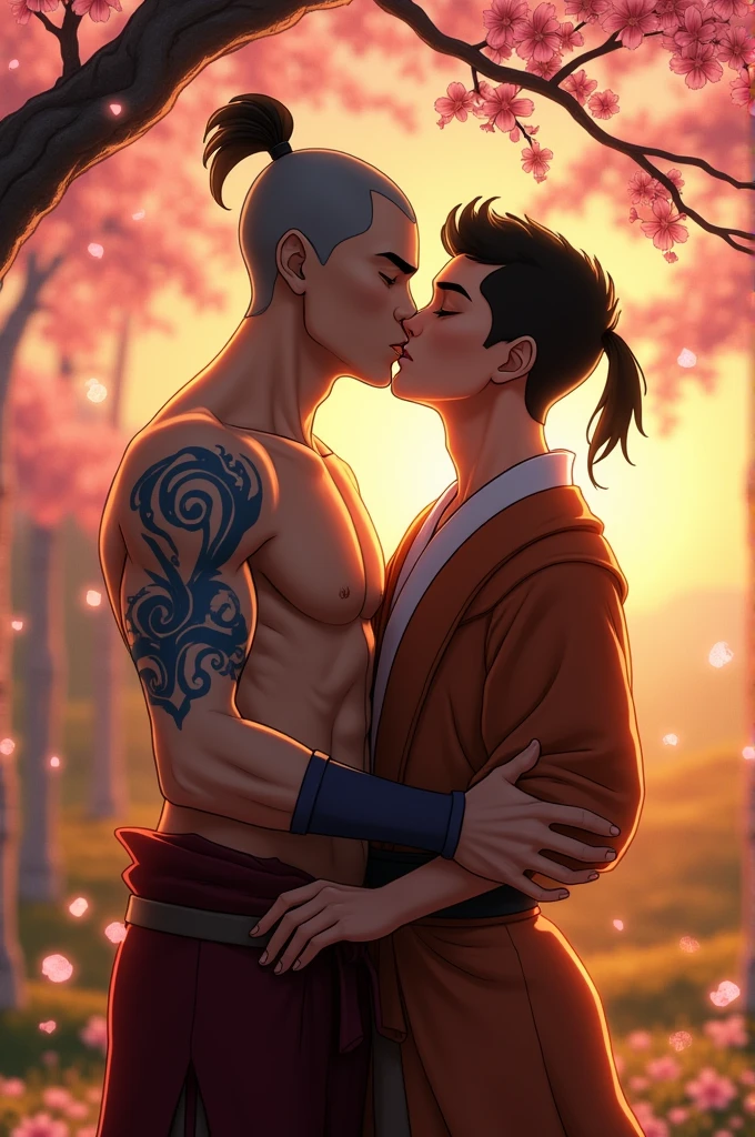 avatar sokka the legend of aang without clothes kissing a young japanese man deeply naked