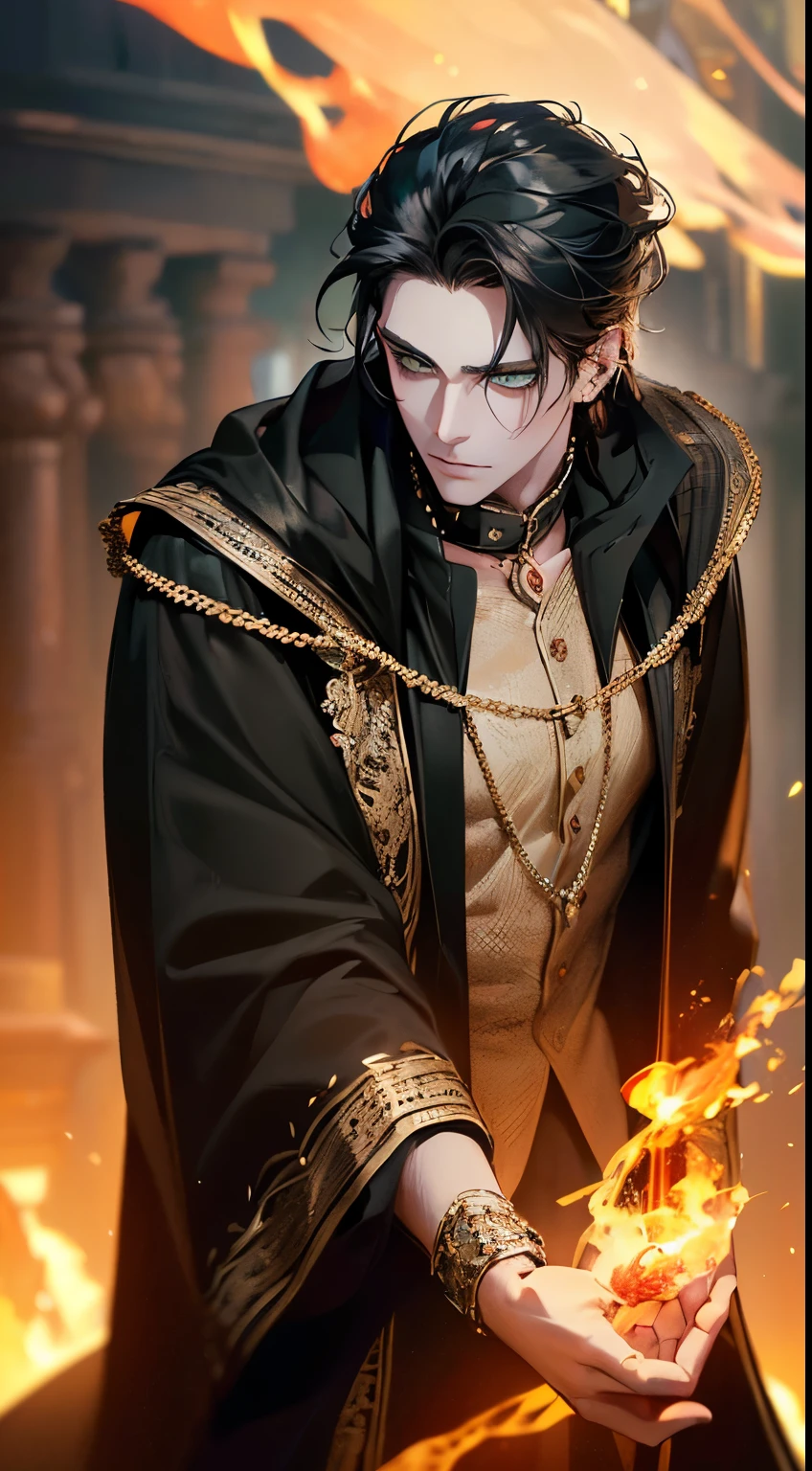 (Best quality,4K,8 K,a high resolution,masterpiece:1.2),ultra detailed,(realistic,photorealistic,photo-realistic:1.37),1 person, cinematic lighting, 1 person, man, 18 years, black hair, green eyes, black cloak, on the neck is a gold chain with a black stone, Fire on the background, Fire mage, magic