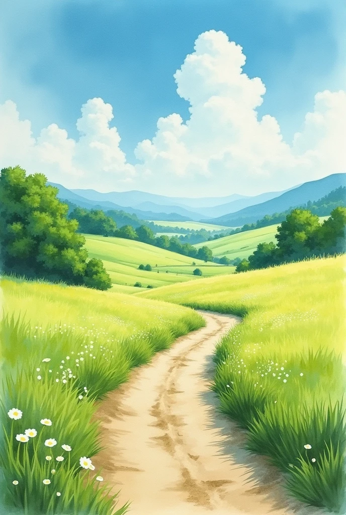 Landscape Painting,Vast meadows,A dirt road,Hayao Miyazaki style,Sparse details,Watercolor painting style,medieval era