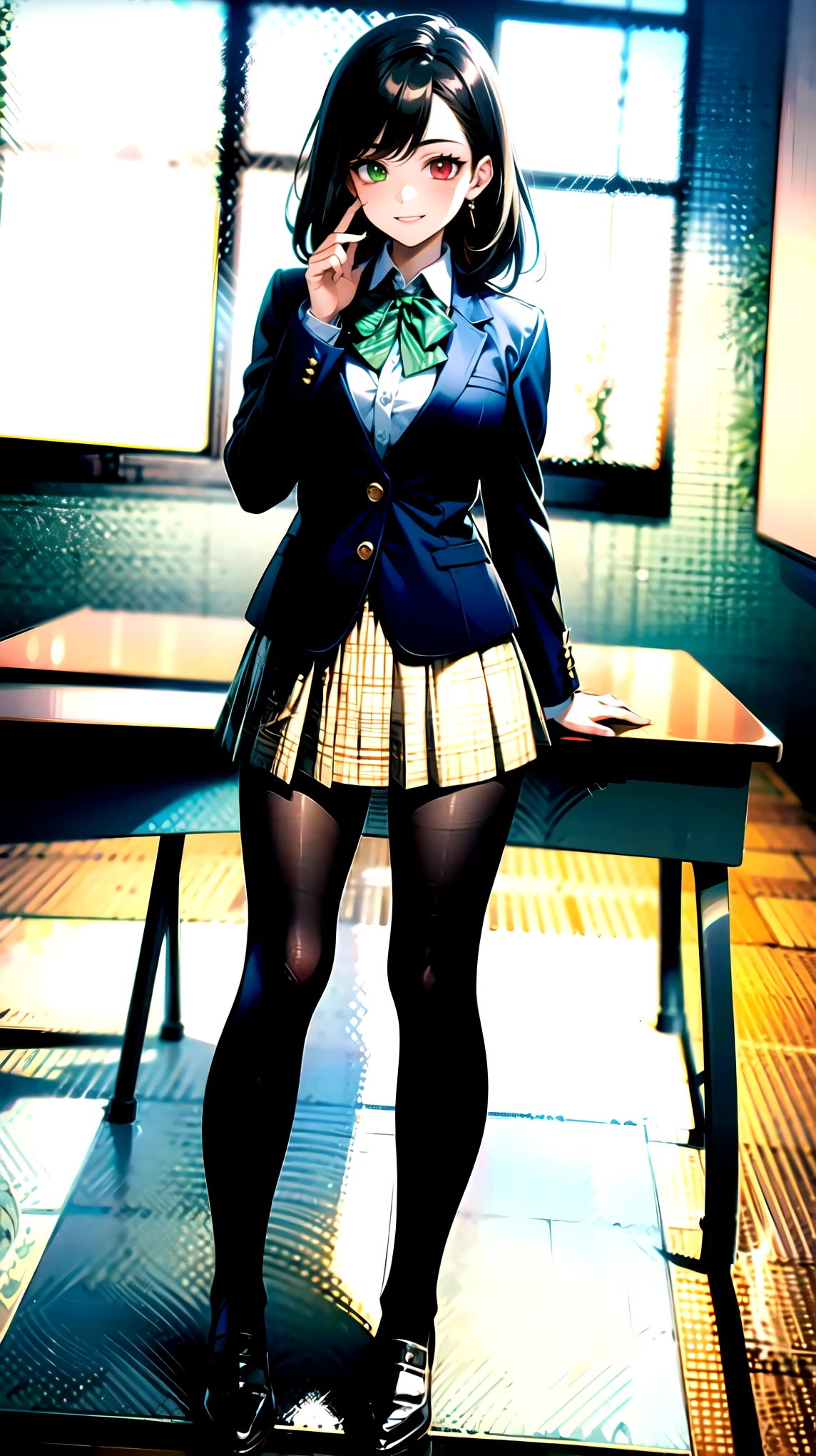((super high quality,Ultra-high resolution,4K,8k,super masterpiece,Ultra HD ,Detailed shading)),Full body photo,Morning Classroom,One high school girl,Blue-green blazer,White dress shirt unbuttoned to the second button,Yellow and black striped bow tie,Brown plaid mini skirt,Black long tights,Long black straight hair,Side-swept bangs,Orange and green heterochromia,Sharp eyes with raised,smile,