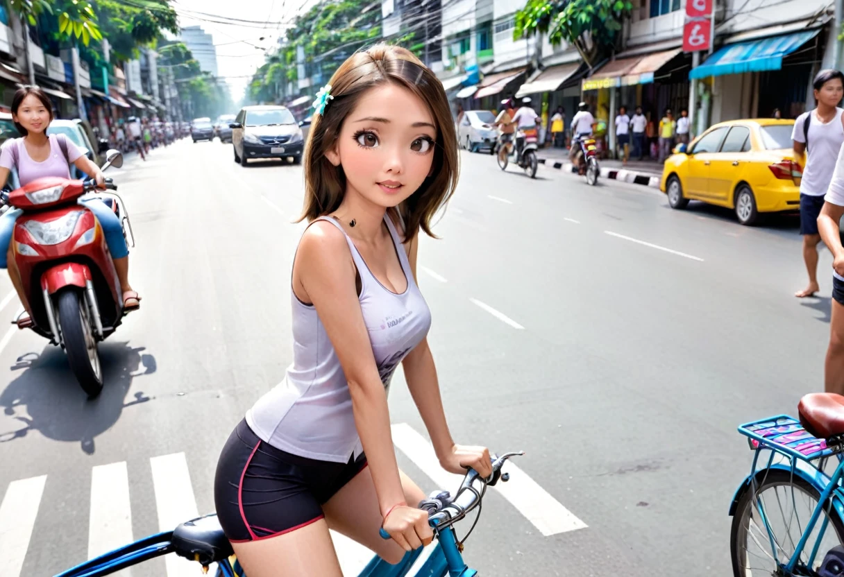 A cute woman in bike shorts and tank top, on her bicycle casually riding, crowded street of Bangkok
