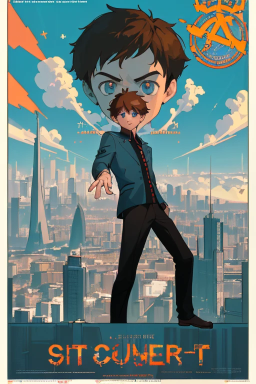 (good quality, movie poster style a), “Film Title: City, Clear weather, boy, system». It is surrounded by cities., boy стоит в центре в лучшей позе. Sitsema, candidate for player, Brown hair, Blue eyes, courageous. Our hero is a man: 1,2). Perfect color combination.