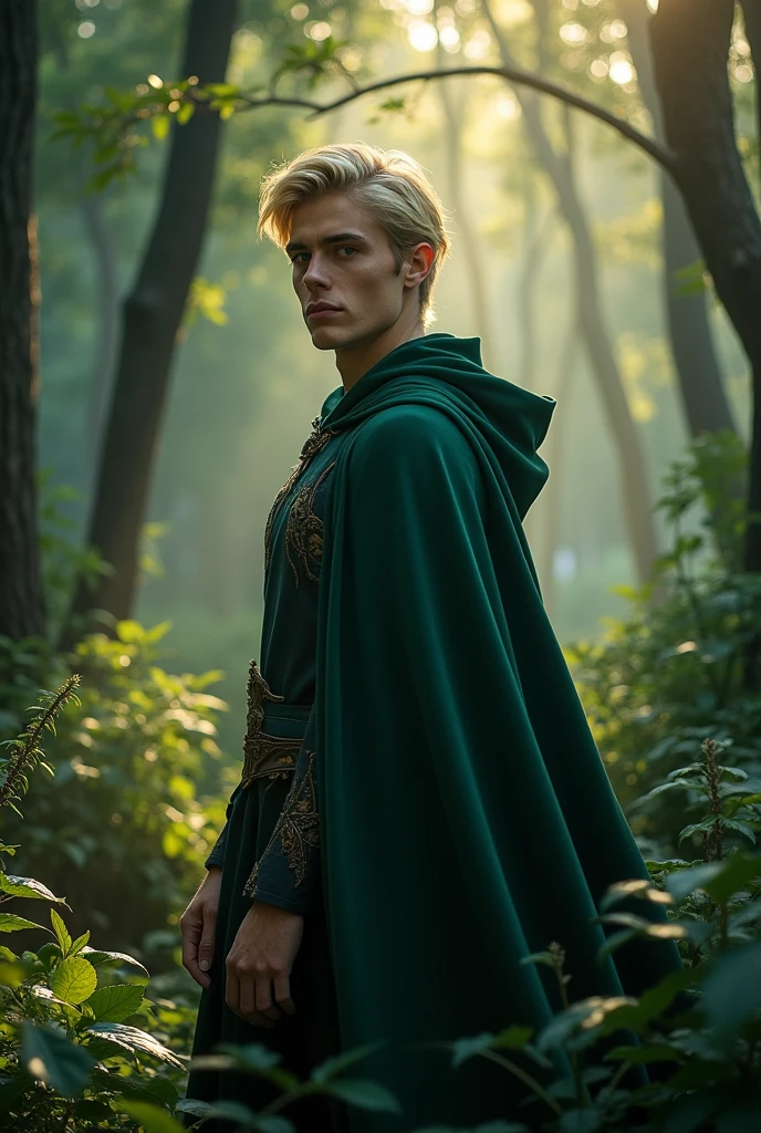 blond elf with short hair and blue eyes, dark green cloak