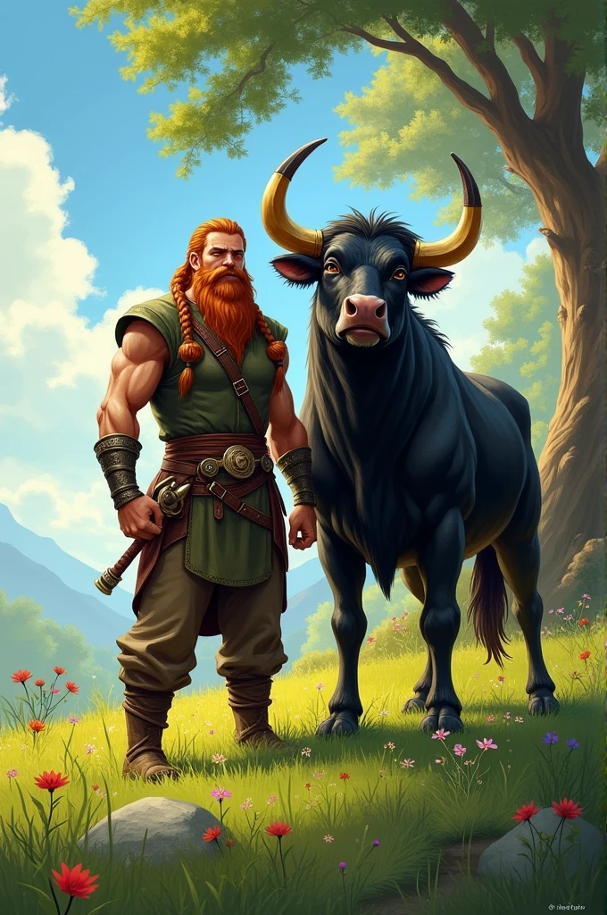 Create a handsome young dwarf with his bull friend who is also handsome