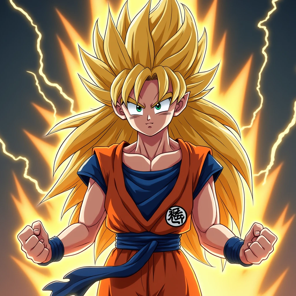 Goku in his youth、Transforming into Super Saiyan 3、Her hair is long and reaches her feet.、The expression is calm、In a state of getting pumped up before a fight、Lots of lightning in the background