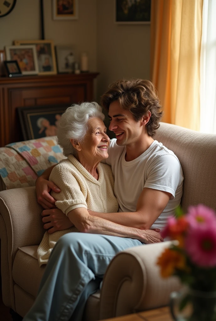 Handsome young man naked hugging grandma