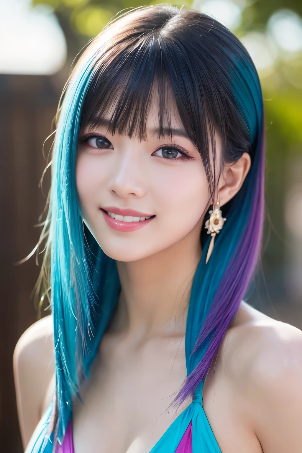 high quality, real、High resolution, Realistic、8k、masterpiece, detailed.impressive, Cutting-edge female photography portraits, Mini Bikini、Soft look、smile、Mid Shot、Looking at the camera、Facing forward、cyan, and purple, Her vibrant makeup really catches the eye.. Her colorful hair is tied up high、Various hair colors