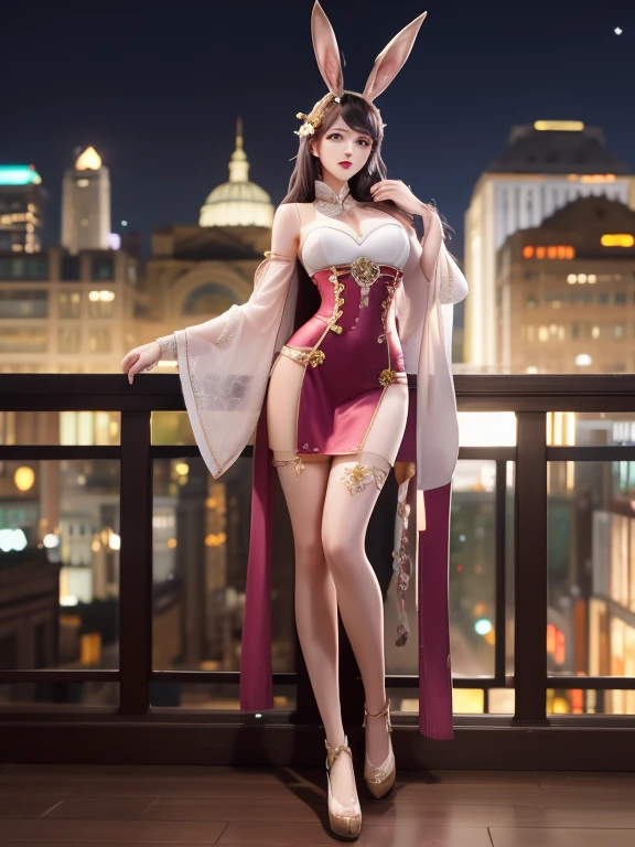 1girl,mature female, looking at viewer, cityscape, night, hair ornament, long hair, fake animal ears, mini skirt, shirt, sexy clothing cutout, rabbit ears, detached sleeves, fancy outfits poses, full body