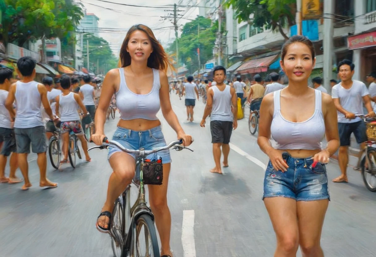 A cute woman in bike shorts and tank top, on her bicycle casually riding, crowded street of Bangkok