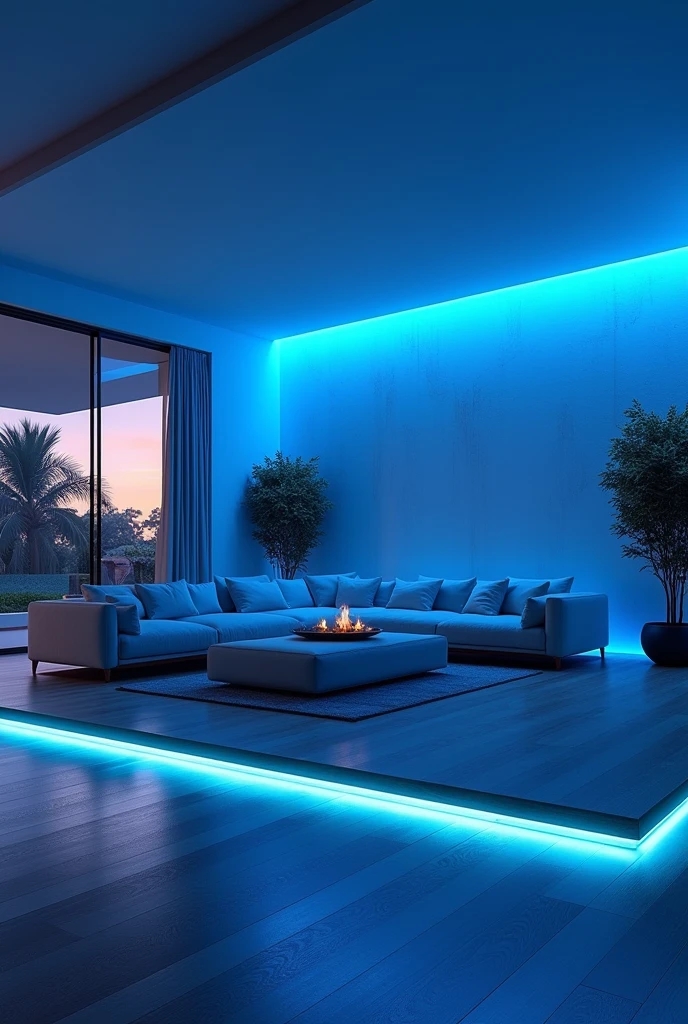 A large spacious room with blue led lights, The image should look like a photo taken from a mezzanine looking down., super realistic image, without many elements, and if it looks like a living room