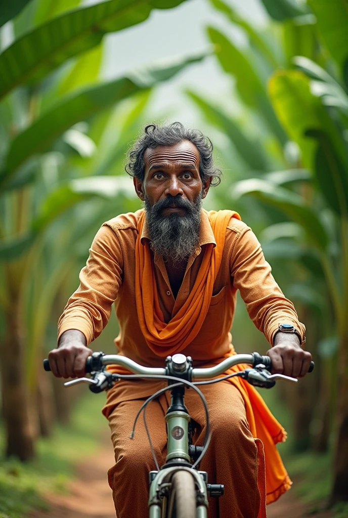 a surprised indian man, big eyes full of flour, riding a bicycle in a rubber plantation, 1 man, detailed facial features, detailed clothing, detailed bicycle, bright colors, natural lighting, vibrant, photorealistic, 8k, high quality, hyperrealistic, detailed environment, lush foliage, intricate details, dynamic composition, striking contrast, incredible realism