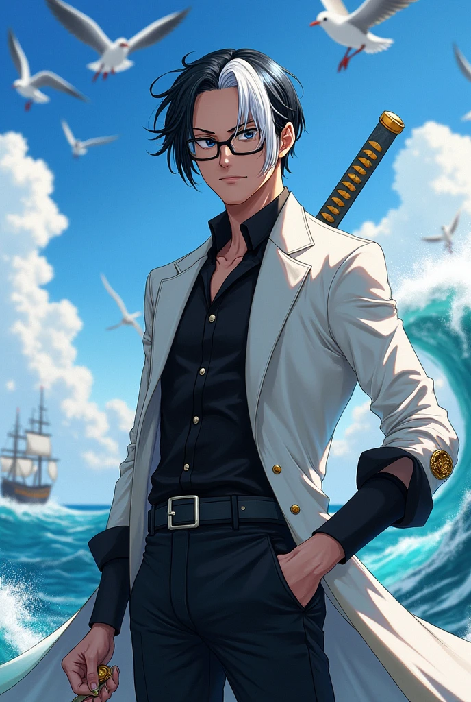 Create a male swordsman character with black hair and a white streak in the style of the One Piece anime. The character should wear black glasses, a white overcoat, a long-sleeved black shirt, and black pants.
