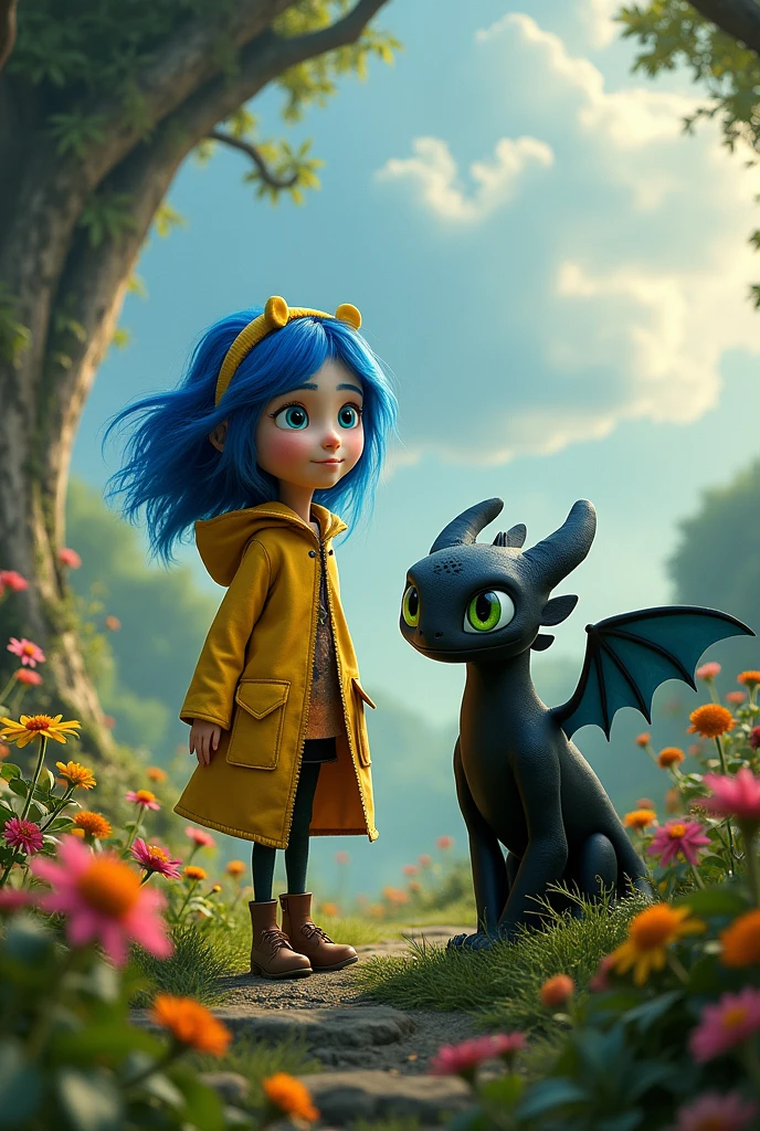 Draw a picture of Coraline from the movie "Coraline and the secret door", and next to it have Toothless from the movie "how to train your dragon"