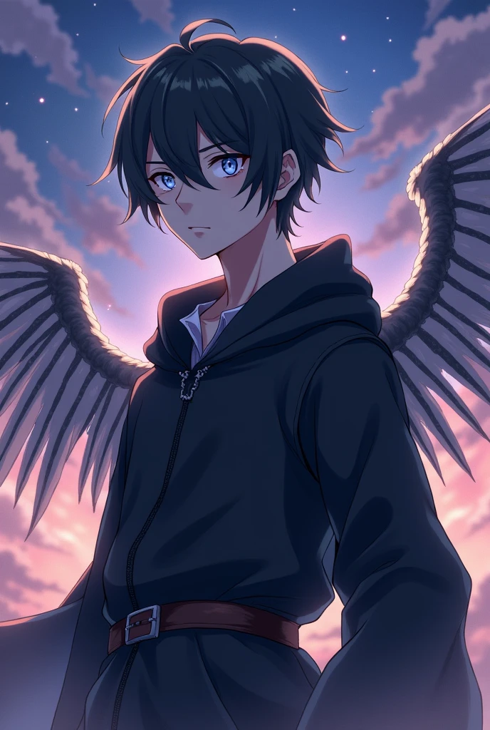 A young adult Japanese aasimar male anime character with short hair, one white eye and one black eye without pupils, wearing a medieval-style black hood but not wearing it, with gray skin and skeletal wings.