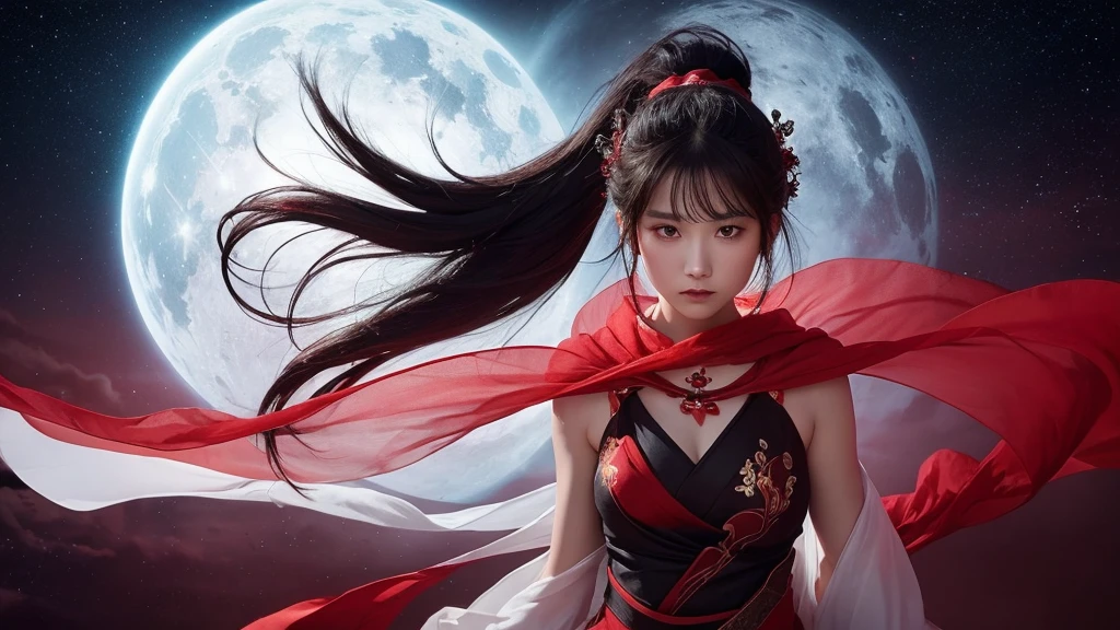 A delicate and lovely ancient goddess with lustrous black ponytail hair. She wears a white and red miko wear. The background is a fantastic and ethereal night sky, as if possessed by a specter. Her expression is stern and atmospheric.