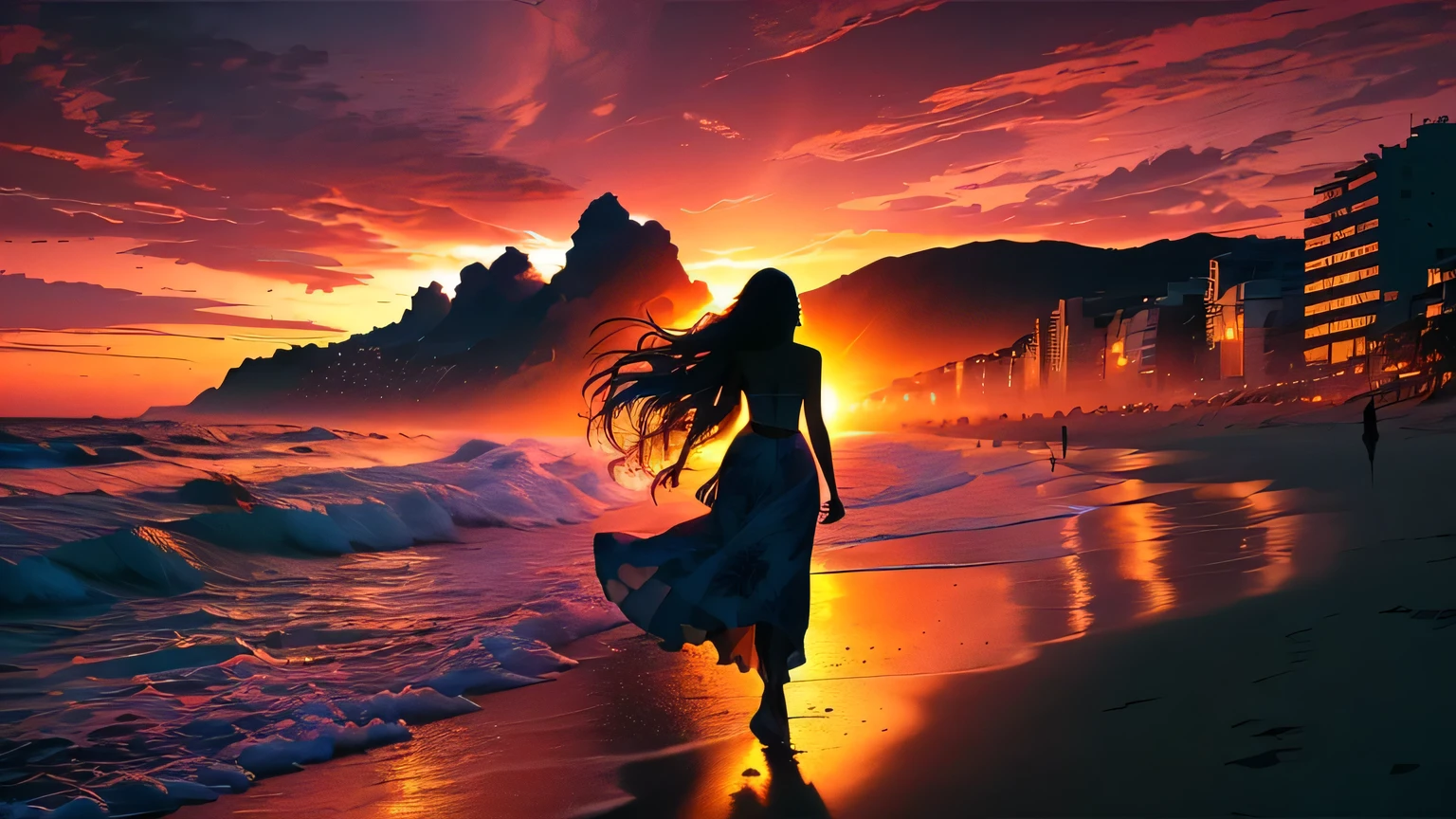 sunset on the beach with a woman walking on the sand, by Cirilo Rolando, Surreal photograph of a beach, beautiful digital artwork, inspired by Cirilo Rolando, loose hair with backlight, in style of cyril rolando, beautiful digital art, shiny and flowing hair, shiny and flowing hair, aenami alena style, dramatic background, breathtaking digital art,  watching the sunset