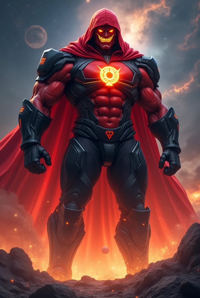 Male, giant, muscular, red skin, glowing eyes, shark-like teeth, red hood, space armor, with black accents, black power armor, lantern symbol, red chestplate, fire aura