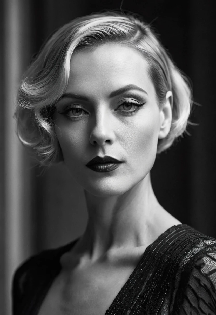 In Berlin, a beautiful woman in her forties in the decadent Weimar Republic era of 1920s Germany, androgynous, with small breasts, perfect makeup, short blonde hair slicked back, she raised her face. making her purse her lips and pout. and seduces with a lascivious look, small wrinkles are slightly noticeable, in a photo Noir style, monochrome with heavy shadows, focus on her beautiful face, professional lighting, and camera.