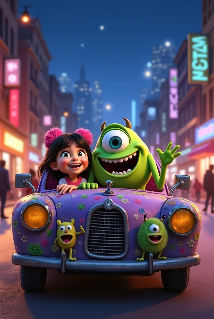 Boo Sullivan y Mike Wazowski manejando