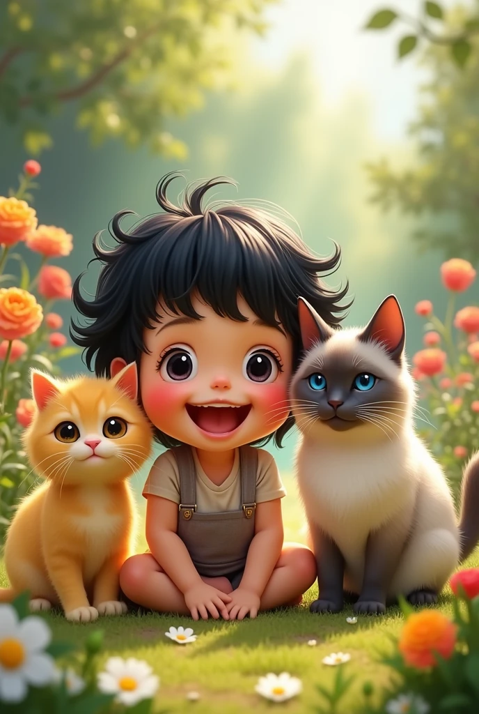 Create a picture of a child with dimples., black hair with bangs and fair skin, along with two cats , one all yellow and the other Siamese 