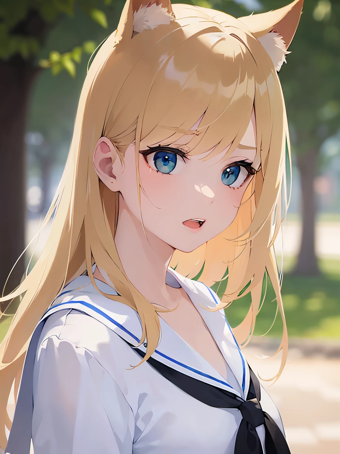 side angle, (looking away:1.5), Upper Body, Realistic, real person, (pale skin: 1.2), RAW photo, photorealistic, shiny skin, shiny hair、 (A 15-year-old female with medium length hair and bangs) and (wavy hair) and (Blonde Hair) and (green eyes), BREAK sailor suit, dark blue collar, white shirts,red ribbon BREAK、 (angry:1.2), open mouth, The background is a park、(alone:1.5)