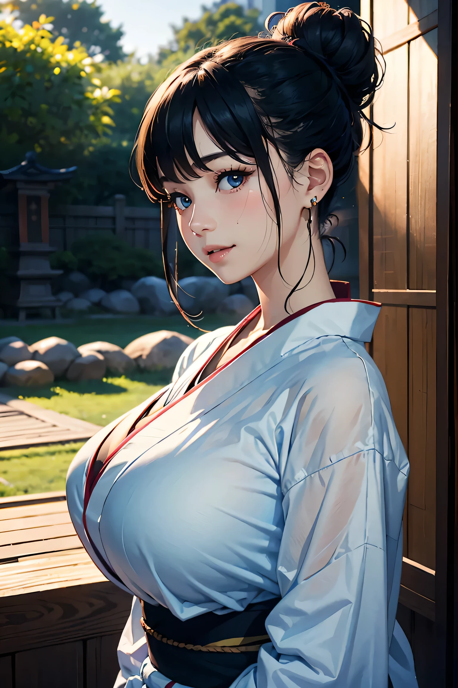 (masterpiece:1.2, Highest quality), (Realistic photos), Beautiful illustrations, (Natural side lighting, Cinema lighting),High detail、1 person, Japanese、20-year-old female, Perfect Face, Symmetrical cute face, Glowing Skin, Black Hair、Bun Hair、(nape undercut:1.2), Dark blue eyes, (Huge breasts:1.2),Slender build, Flowing bangs、Earrings、Beautiful Hair, Beautiful Face, Fine and beautiful eyes, Beautiful body, Beautiful breasts, (yukata),smile、Blushing、Japanese garden、stand、(Sweating all over)