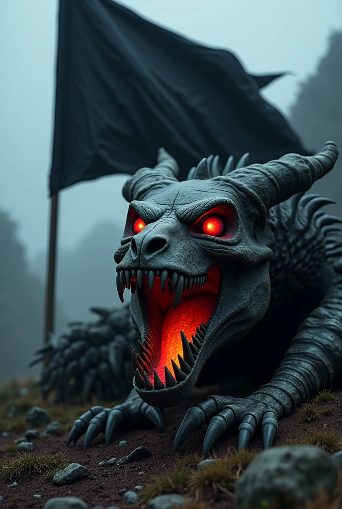 an all black flag, red details on the skull sculpture/dragon fossil, pulling towards a black in the eyes and fiery mouth