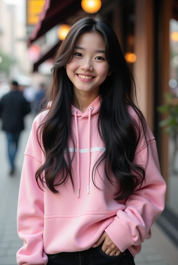 Korean girl with long black wavy hair, big chest, wearing a pink hoodie and black oversized jean, Ultra High quality, UHD, HD, 8k, realistic, high quality