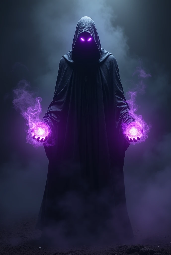 Imagine a tall, imposing figure, wrapped in a black cloak that floats as if made of shadows. Your face is obscured, but the eyes shine brightly with a mesmerizing purple light. A purple aura emanates from his body, radiating a mysterious and almost palpable power. your hands, partially visible, appear to hold spheres of pure energy, also purple, that dance and shine with frightening intensity. The bottom is a black abyss, without end, that seems to absorb all the light around, further highlighting the presence of this enigmatic being.