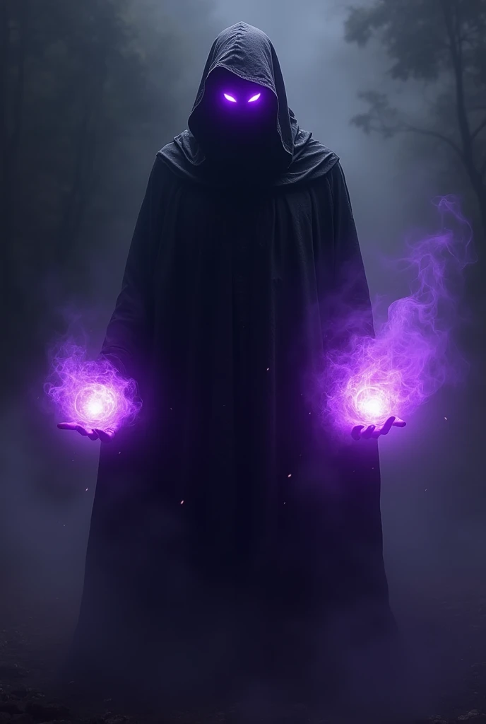 Imagine a tall, imposing figure, wrapped in a black cloak that floats as if made of shadows. Your face is obscured, but the eyes shine brightly with a mesmerizing purple light. A purple aura emanates from his body, radiating a mysterious and almost palpable power. your hands, partially visible, appear to hold spheres of pure energy, also purple, that dance and shine with frightening intensity. The bottom is a black abyss, without end, that seems to absorb all the light around, further highlighting the presence of this enigmatic being.
